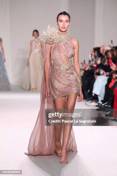 Model walks the runway during the Elie Saab Haute Couture Spring Summer 2023 show as part of Paris Fashion Week on January 25, 2023 in Paris, France.