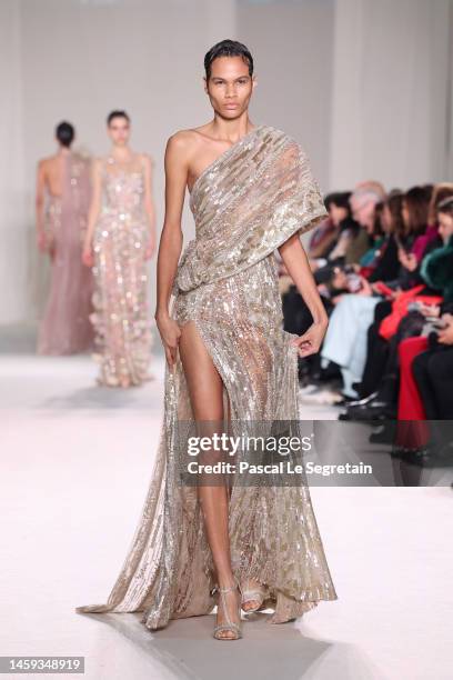 Model walks the runway during the Elie Saab Haute Couture Spring Summer 2023 show as part of Paris Fashion Week on January 25, 2023 in Paris, France.