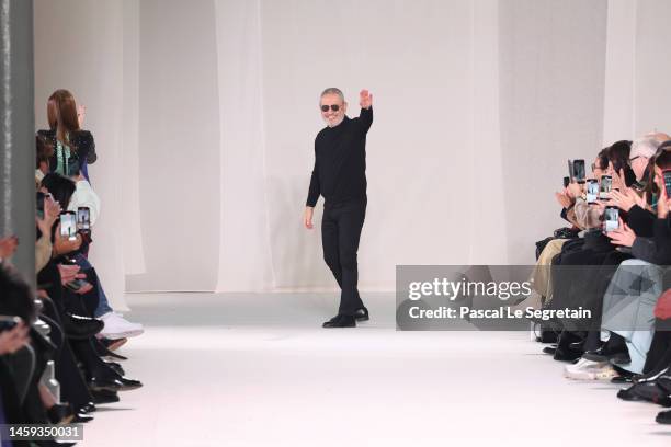 Designer Elie Saab acknowledges the public applause during the Elie Saab Haute Couture Spring Summer 2023 show as part of Paris Fashion Week on...