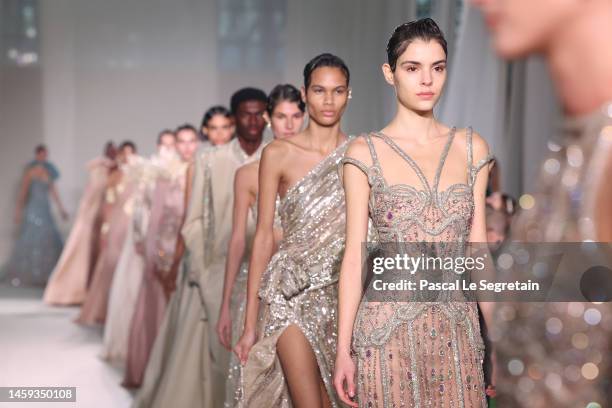 Models walk the runway during the Elie Saab Haute Couture Spring Summer 2023 show as part of Paris Fashion Week on January 25, 2023 in Paris, France.