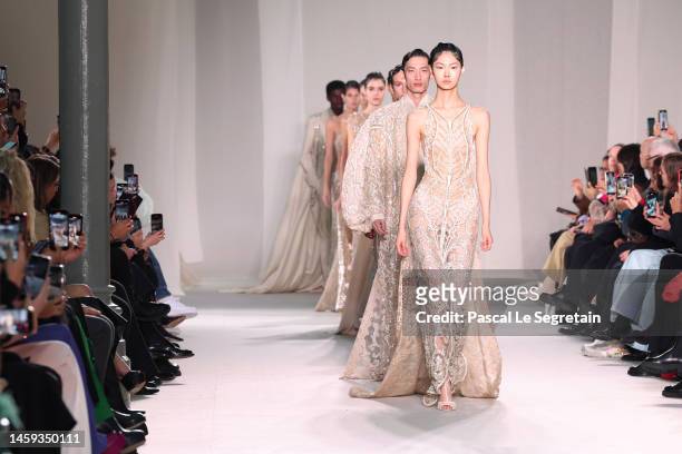 Models walk the runway during the Elie Saab Haute Couture Spring Summer 2023 show as part of Paris Fashion Week on January 25, 2023 in Paris, France.