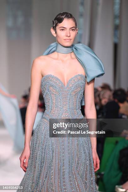 Model walks the runway during the Elie Saab Haute Couture Spring Summer 2023 show as part of Paris Fashion Week on January 25, 2023 in Paris, France.