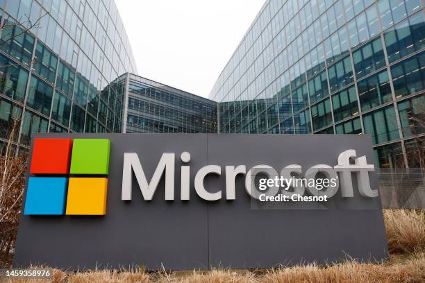The logo of the U.S. Computer and micro-computing company, Microsoft is visible on the facade of its head office on January 25, 2023 in...