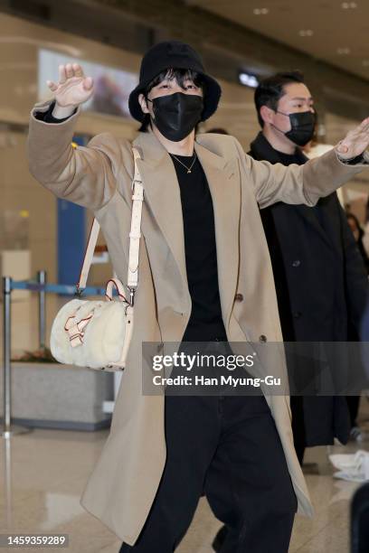 Hope of boy band BTS is seen upon arrival at Incheon International Airport on January 24, 2023 in Incheon, South Korea.