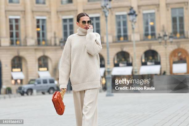 Nieves Alvarez is seen wearing Max Mara dress and Bottega Veneta bag during Paris Fashion Week - Haute Couture Spring Summer on January 25, 2023 in...