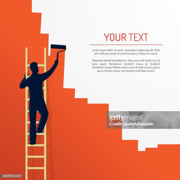 stockillustraties, clipart, cartoons en iconen met man painting orange colour wall on a ladder with copy space for text - verbouwing