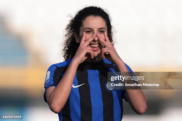 Ghoutia Karchouni of Internazionale celebrates after scoring to give the side a 2-0 lead during the Women's Serie A match between FC Internazionale...