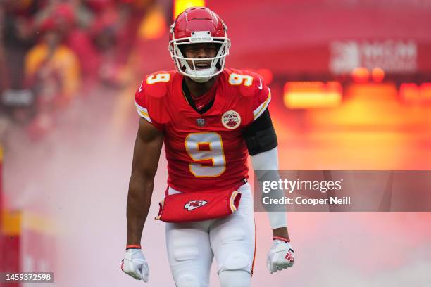 JuJu Smith-Schuster of the Kansas City Chiefs runs onto the field during introductions against the Jacksonville Jaguars at GEHA Field at Arrowhead...