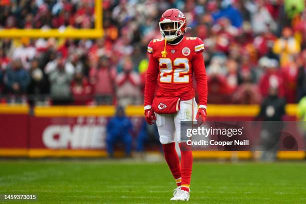 Juan Thornhill of the Kansas City Chiefs gets set against the Jacksonville Jaguars at GEHA Field at Arrowhead Stadium on January 21, 2023 in Kansas...