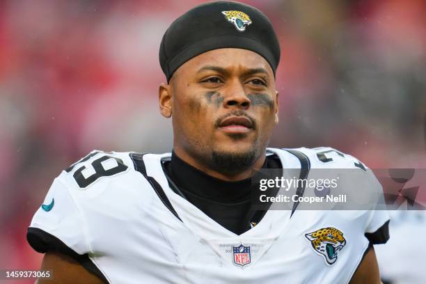 Jamal Agnew of the Jacksonville Jaguars runs onto the field during introductions against the Kansas City Chiefs at GEHA Field at Arrowhead Stadium on...