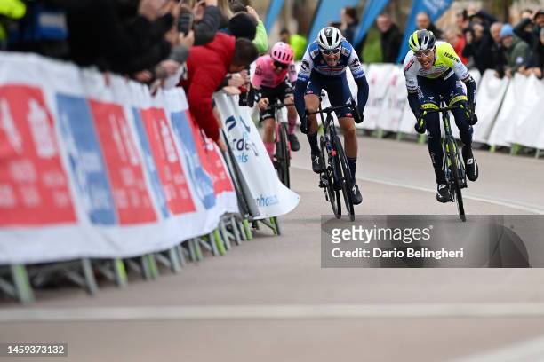 General view of Rui Costa of Portugal and Team Intermarche-Circus, Louis Vervaeke of Belgium and Team Soudal-Quick Step and Ben Healy of Ireland and...