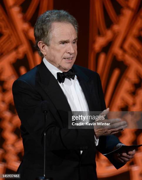 Actor Warren Beatty onstage at the 40th AFI Life Achievement Award honoring Shirley MacLaine held at Sony Pictures Studios on June 7, 2012 in Culver...