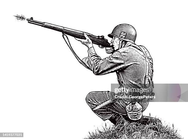 stockillustraties, clipart, cartoons en iconen met wwii soldier shooting m1 grand rifle - paratrooper