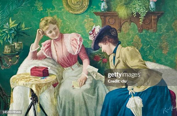 ilustraciones, imágenes clip art, dibujos animados e iconos de stock de dos amigas sentadas en un sofá hablando de sus cartas de amor - carta de amor