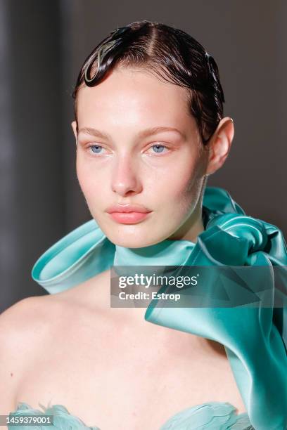 Headshot detail during the Elie Saab Haute Couture Spring Summer 2023 show as part of Paris Fashion Week on January 25, 2023 in Paris, France.