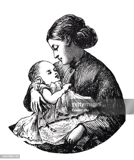 young mother holding a sleeping baby in her arms, white background - woodcut illustration stock illustrations