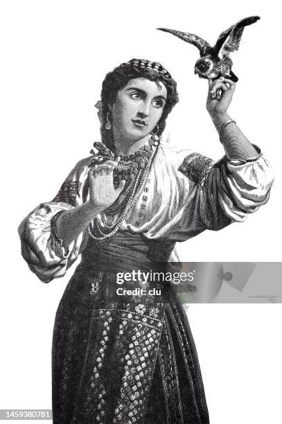 young woman in traditional costume and richt jewelry holding up a bird on her hand with spread wings, white background - falconry stock illustrations