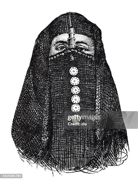 ilustrações de stock, clip art, desenhos animados e ícones de arab woman with nikab, headshot, front view, white background - hijab