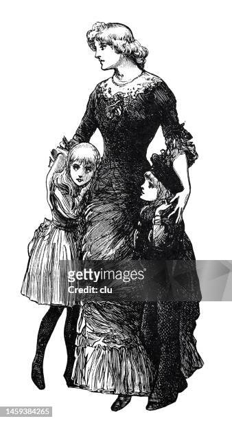 young mother standing and holding her two children, a boy and a girl, white background, full length - old mother stock illustrations