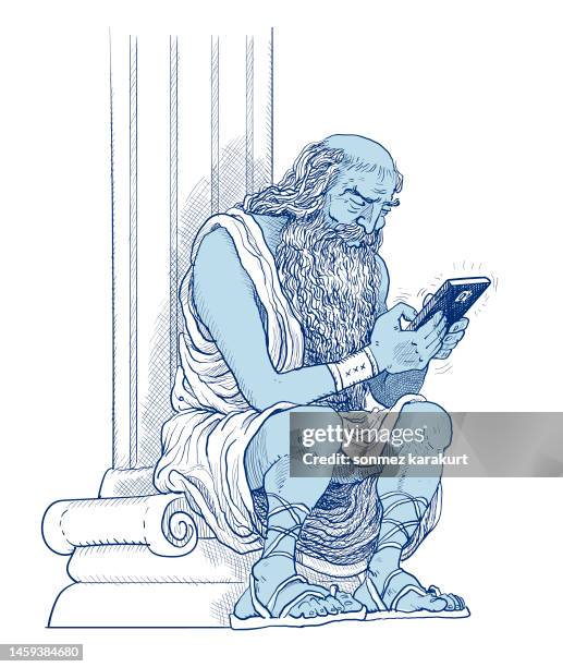 stockillustraties, clipart, cartoons en iconen met ancient greek philosopher surfing the internet with his cell phone - filosofie