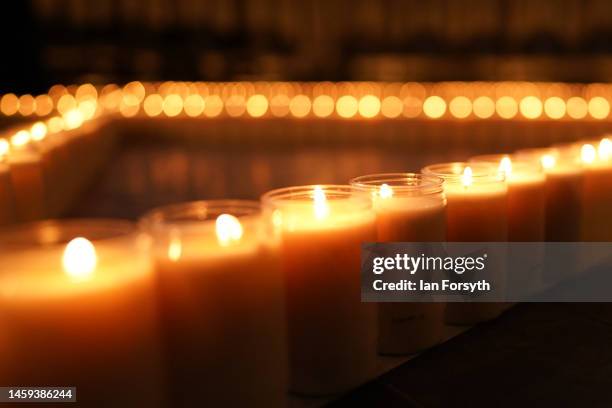 Over 600 candles are arranged in the shape of the Star of David on the floor of the Chapter House of York Minster as part of a commemoration for...