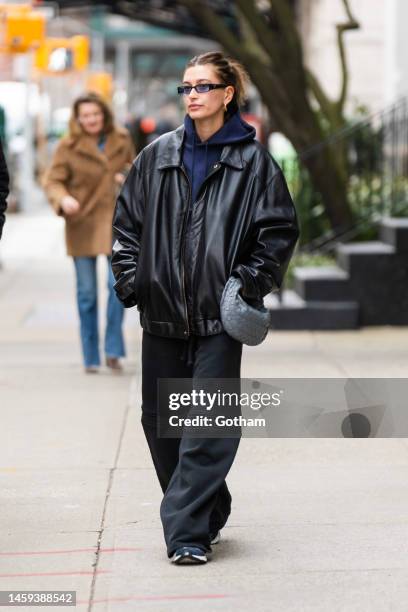 Hailey Bieber is seen in Tribeca on January 25, 2023 in New York City.