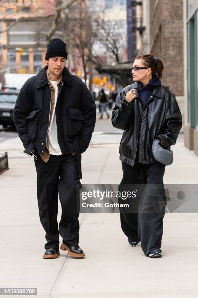 Justin Bieber and Hailey Bieber are seen in Tribeca on January 25, 2023 in New York City.