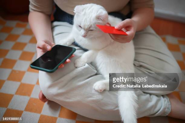 overweight teenage girl pays for purchase on internet by credit card. - chubby credit fotografías e imágenes de stock