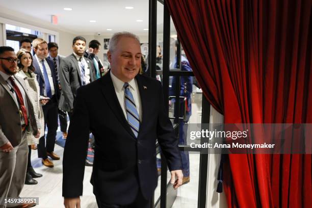 House Majority Leader Steve Scalise arrives to a press conference at the RNC headquarters on Capitol Hill on January 25, 2023 in Washington, DC....