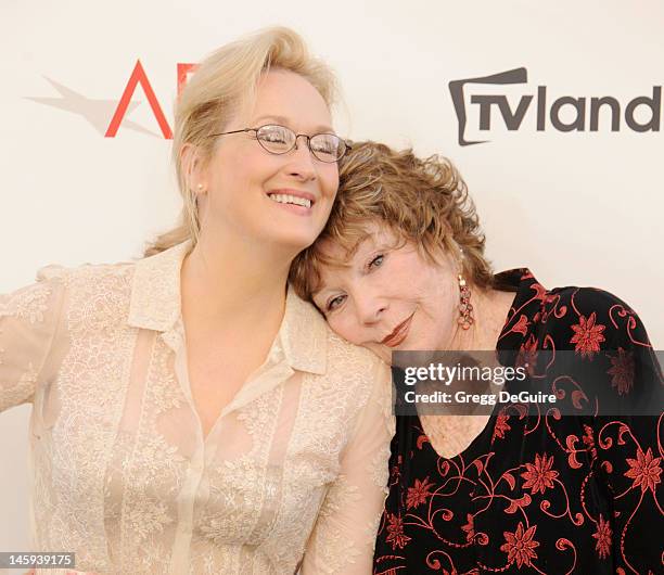 Actors Meryl Streep and Shirley MacLaine arrive at the 40th AFI Life Achievement Award honoring Shirley MacLaine at Sony Studios on June 7, 2012 in...