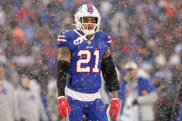 Jordan Poyer of the Buffalo Bills looks on against the Cincinnati Bengals during the first half in the AFC Divisional Playoff game at Highmark...