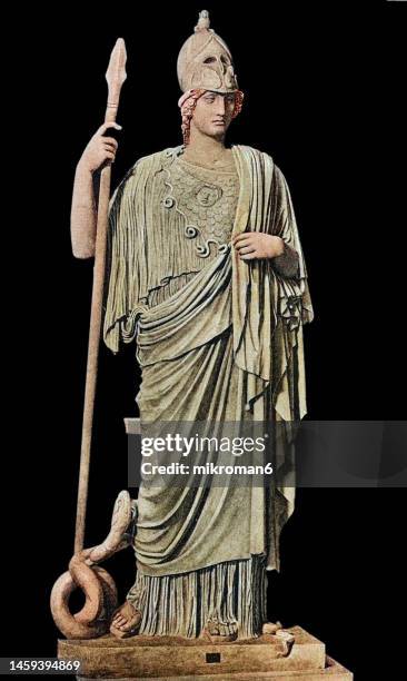 old engraved illustration of athena giustiniani or minerva giustiniani - roman marble statue of pallas athena - athena greek goddess stock pictures, royalty-free photos & images