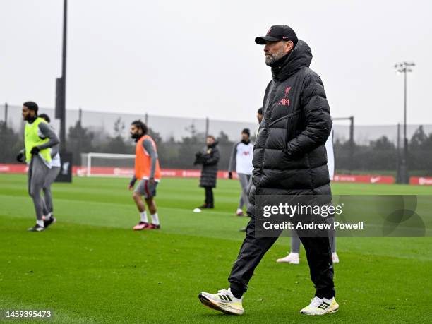 Jurgen Klopp manager of Liverpool during a training session at AXA Training Centre on January 25, 2023 in Kirkby, England.