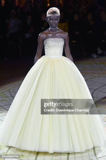 Model walks the runway during the Celia Kritharioti Prive Haute Couture Spring Summer 2023 show as part of Paris Fashion Week on January 24, 2023 in...