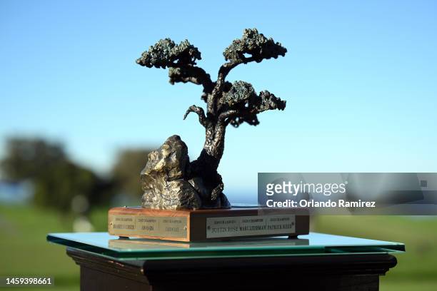 Detail of the winner's trophy displayed at the 1st hole during the first round of the Farmers Insurance Open at Torrey Pines Golf Course on January...