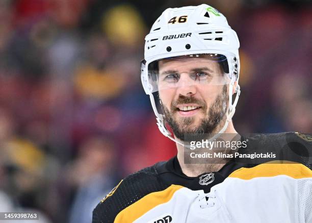 David Krejci of the Boston Bruins skates during the third period against the Montreal Canadiens at Centre Bell on January 24, 2023 in Montreal,...