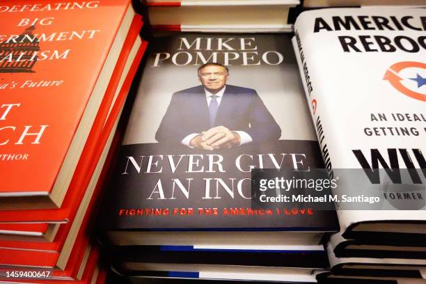 Never Give an Inch: Fighting for the America I Love", a memoir by former Secretary of State Mike Pompeo, is displayed for sale at a Barnes & Nobles...