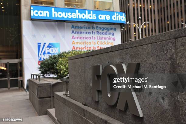 Fox logo is displayed on the News Corp. Building on January 25, 2023 in New York City. Chairman and CEO of News Corporation Rupert Murdoch announced...