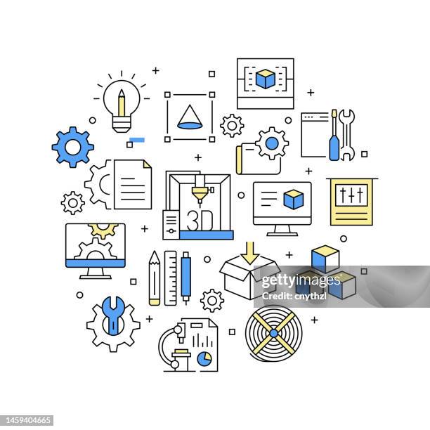 ilustraciones, imágenes clip art, dibujos animados e iconos de stock de tecnología de impresión 3d relacionada con el concepto de diseño de banner vectorial, estilo de línea moderno con iconos - maqueta fabricación y diseño