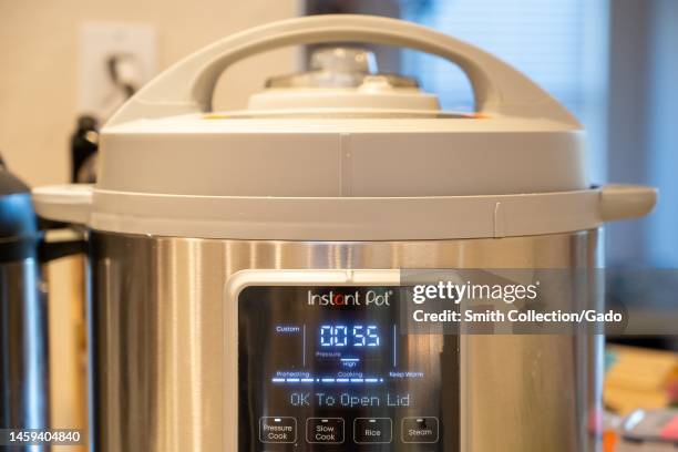 Close-up of Instant Pot Duo electric pressure cooker in domestic kitchen, Lafayette, California, January 24, 2023.