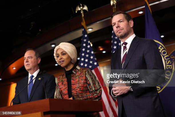 Rep. Ilhan Omar , joined by Rep. Eric Swalwell and Rep. Adam Schiff , speaks at a press conference on committee assignments for the 118th U.S....