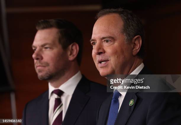 Rep. Adam Schiff , joined by Rep. Eric Swalwell , speaks at a press conference on committee assignments for the 118th U.S. Congress, at the U.S....