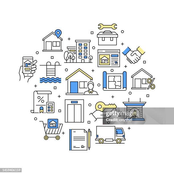 immobilienbezogenes vektorbanner-designkonzept, moderner linienstil mit symbolen - gewerbliches schild stock-grafiken, -clipart, -cartoons und -symbole