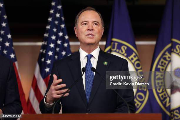 Rep. Adam Schiff speaks at a press conference on committee assignments for the 118th U.S. Congress, at the U.S. Capitol Building on January 25, 2023...