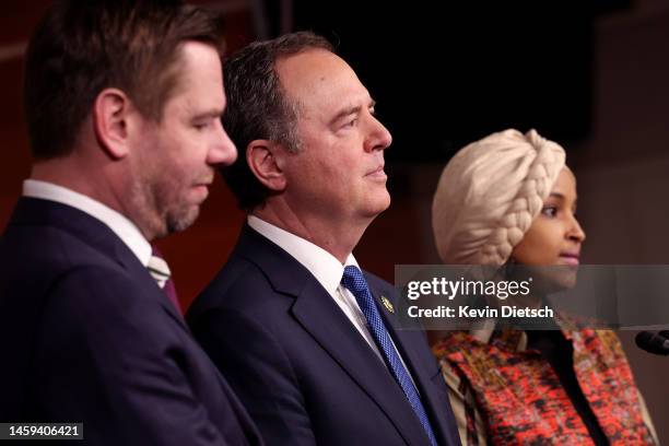 Rep. Adam Schiff , joined by Rep. Eric Swalwell and Rep. Ilhan Omar , speaks at a press conference on committee assignments for the 118th U.S....