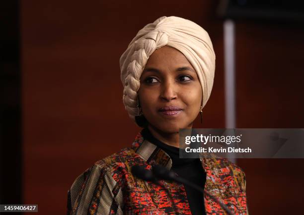 Rep. Ilhan Omar attends a press conference on committee assignments for the 118th U.S. Congress, at the U.S. Capitol Building on January 25, 2023 in...