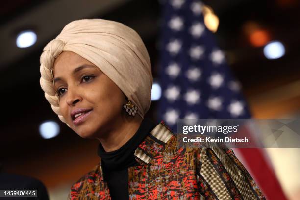 Rep. Ilhan Omar speaks at a press conference on committee assignments for the 118th U.S. Congress, at the U.S. Capitol Building on January 25, 2023...