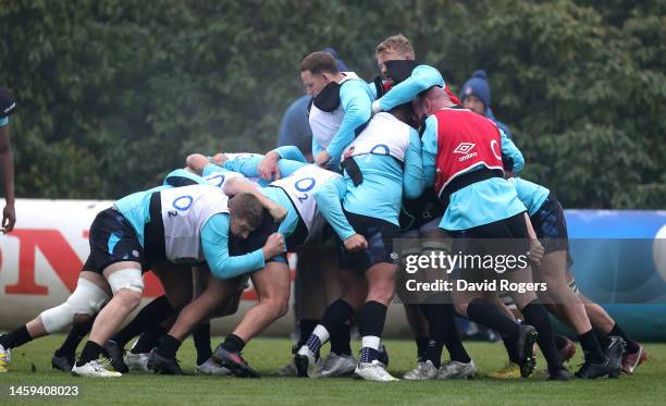 The England forwards practice the maul during the England training session held at Pennyhill Park on January 25, 2023 in Bagshot, England.