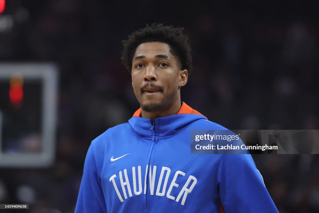 Aaron Wiggins of the Oklahoma City Thunder warms up before the game ...