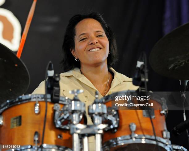 Terri Lyne Carrington performs with her band at the New Orleans Jazz and Heritage Festival in New Orleans, Louisiana on May 4, 2012.